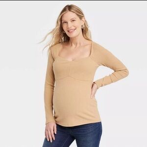 Isabel Maternity Ribbed Corsetry Top Womens Medium-Long Sleeve Stretch Tan